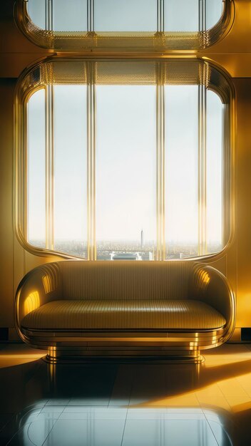 A gold couch in a room with a window that says