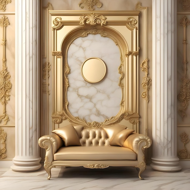 a gold couch with a round mirror on the back of it