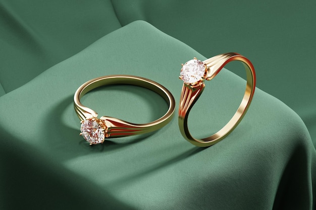 Photo gold couple diamond rings 3d rendering placed on green cloth