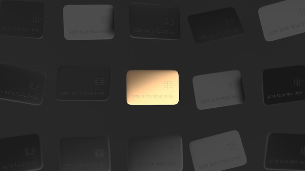 Gold credit card flying among black credit cards 3d render