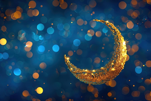 Foto mezzaluna dorata su sfondo blu luccicante concetto di celebrazione della festa di ramadan kareem
