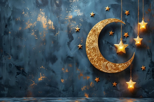Золотой полумесяц и звезды на стене для декорации Рамадана Высококачественное фото для интерьера домашнего декора