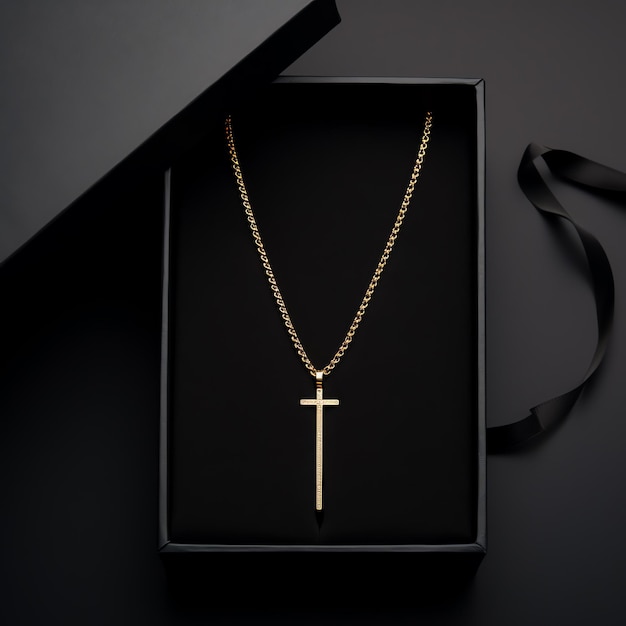 a gold cross necklace in a box