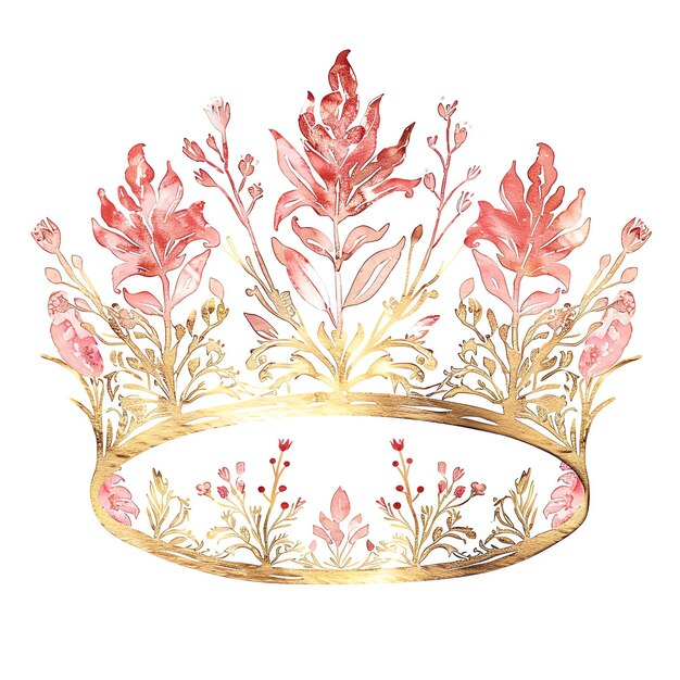 Foto corona d'oro tiara con fiori botanici primaverili colori rossi per ragazza estetica in viaggio