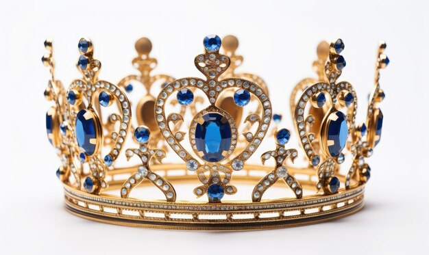 A gold crown with blue stones on it