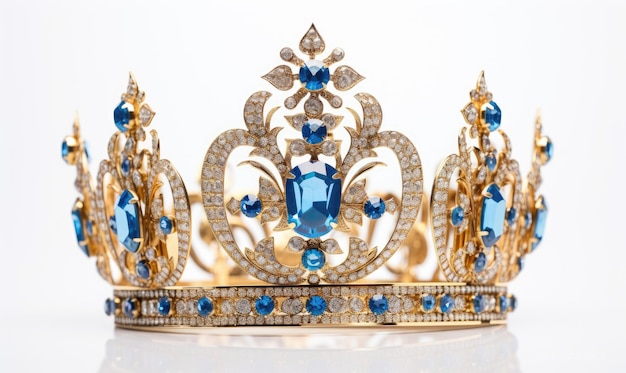 A gold crown with blue and white stones