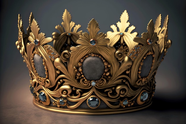 Gold crown with pattern and gems on grey velvet