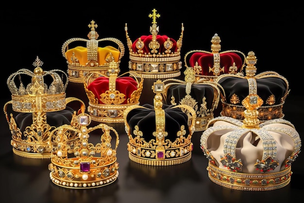 Золотые короны на черном фоне Короны King39s Короны King39 Generative AI