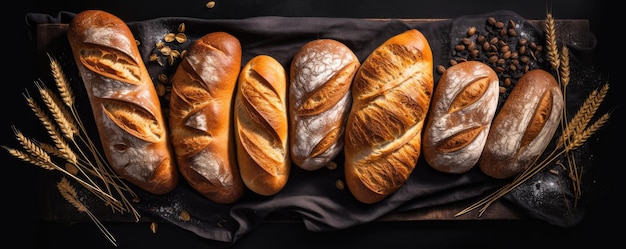 Gold crusty loaves of bread and buns on black chalkboard background Bakery Generative AI