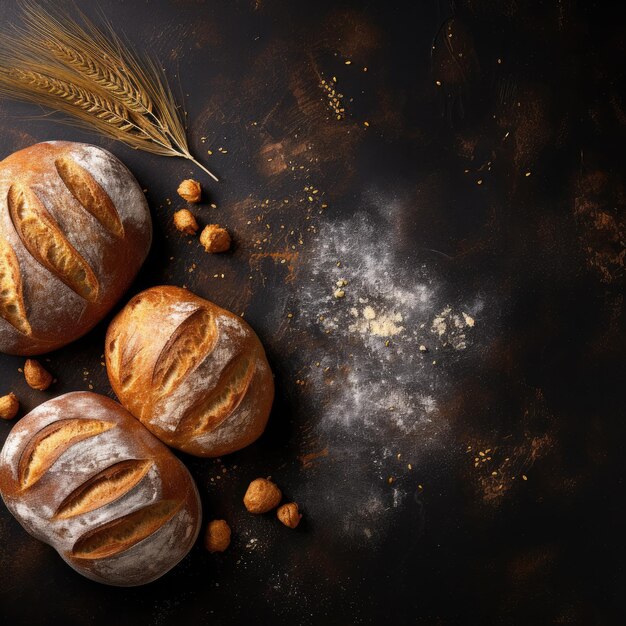 Gold crusty loaves of bread and buns on black chalkboard background Bakery Generative AI