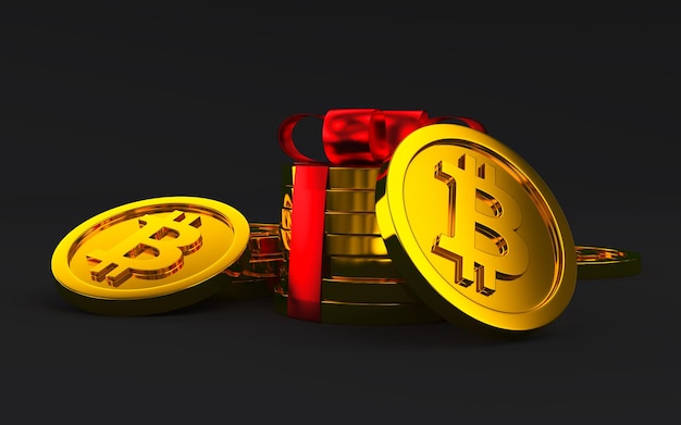 Photo gold cryptocurrency isolated on black background 3d coin gift illustration 3d render coins stack with red ribbon 3d rendering