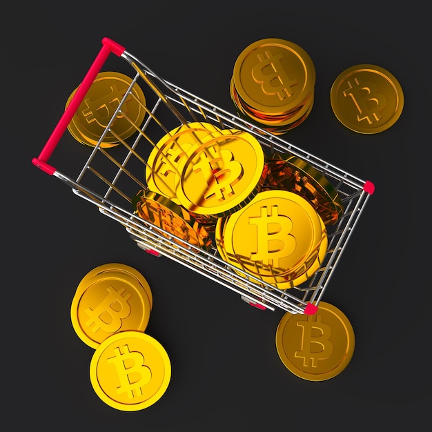 Gold cryptocurrency in the shopping cart isolated on black background 3d coin purchased illustration Top view 3d rendering