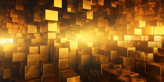 Gold cubes texture background abstract pattern of shiny metal blocks Space with golden wall and bright light Concept of business luxury design technology building and treasure Generative AI