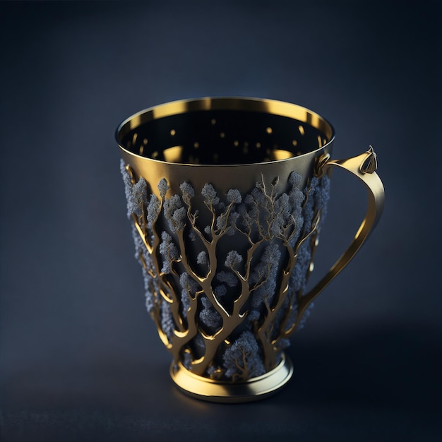 A gold cup with a tree design on it