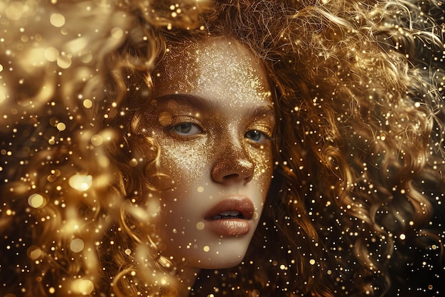 Photo gold curly hair portrait high fashion model woman in golden bright sparkles in curly hair gold curls