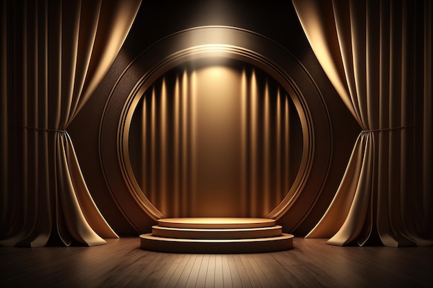 Gold curtains and wooden floor. Ai. Golden stage concept of exclusivity