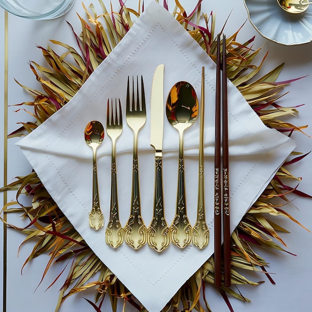 Foto set di posate d'oro su tovagliolo con foglietti set diposate realistiche