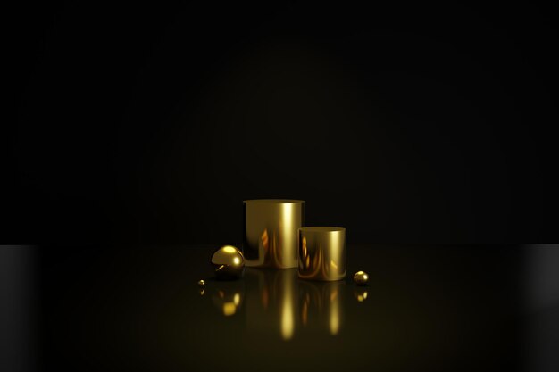 Espositore a piedistallo con cilindro d'oro con concetto di supporto a scatola. podio per prodotti di promozione del marchio, rendering digitale 3d con sfondo nero realisti