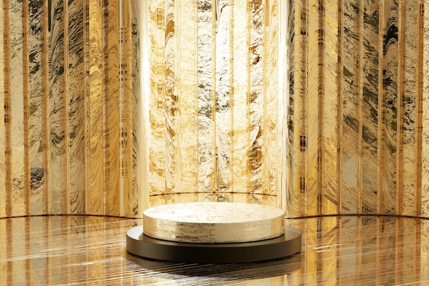 Подиум с золотым цилиндром и подиумом с текстурой золотого фона Геометрические формы минимальной сцены сцены для 3d-рендеринга продукта