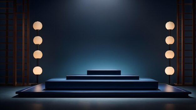 Photo gold dark podium with gentle luxurious lighting 3d shape product display presentation minimal wall