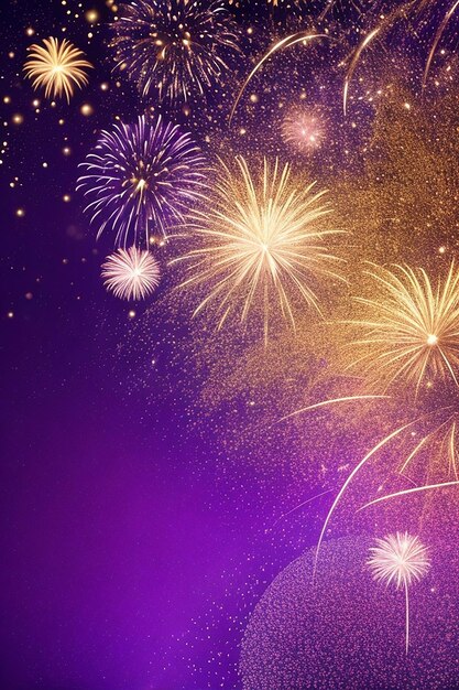 Gold and dark violet Fireworks and bokeh in New Year eve and copy space Abstract background holiday