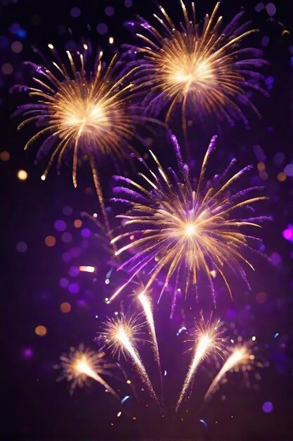 Золотое и темно-фиолетовое фейерверки и боке в новогодний вечер и копирование пространства Абстрактный фон праздника