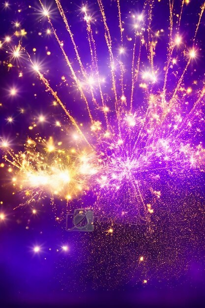 Foto oro e viola scuro fuochi d'artificio e bokeh nella vigilia di capodanno e copia spazio sfondo astratto vacanza