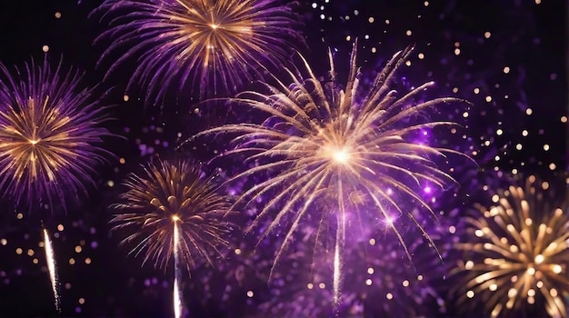 Gold and dark violet Fireworks and bokeh in New Year eve and copy space Abstract background holiday