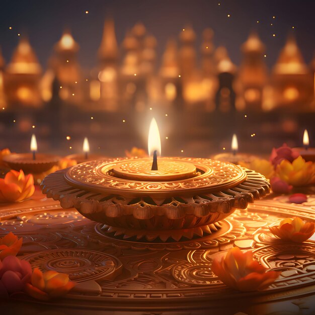 Gold decorated candle adorned with flower petals in the background smudged hindu temple diwali the dipawali indian festival of light