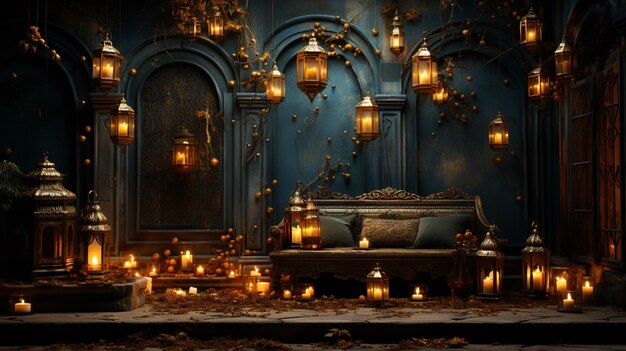 Photo a gold decorated wall with lanterns and lights