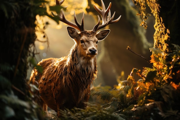 Gold deer under leaves in the twilight forest generative IA