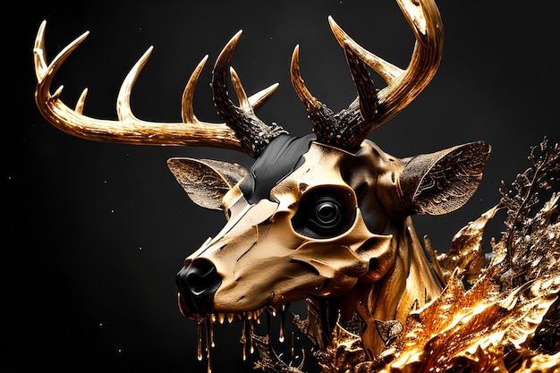 A gold deer with dripping antlers is shown in this image.