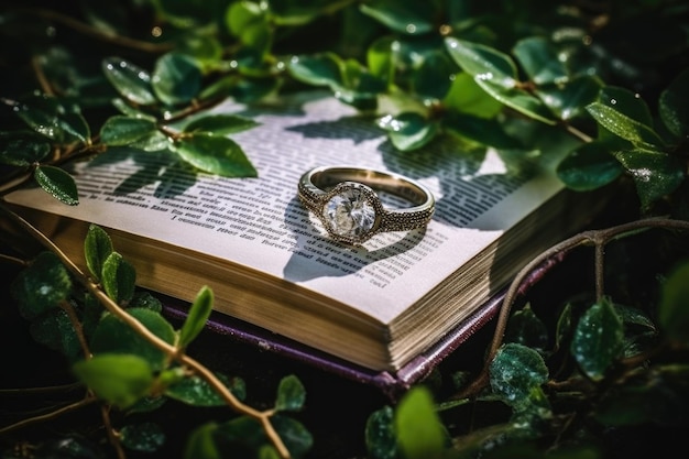 Gold and diamond ring on a book in a vines and grass background