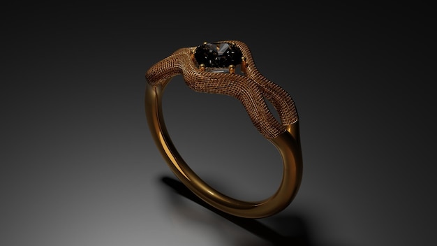 Gold diamond ring upright on dark surface 3D illustration