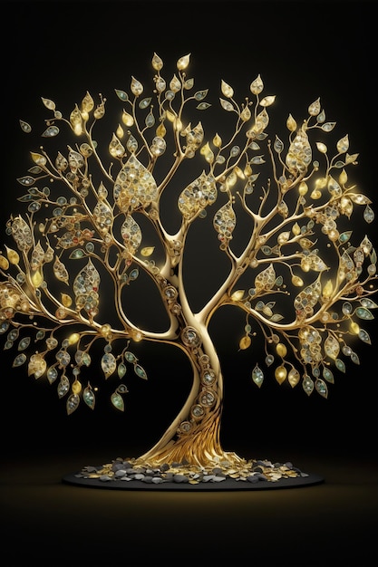 Gold and diamond tree on a black background generative ai