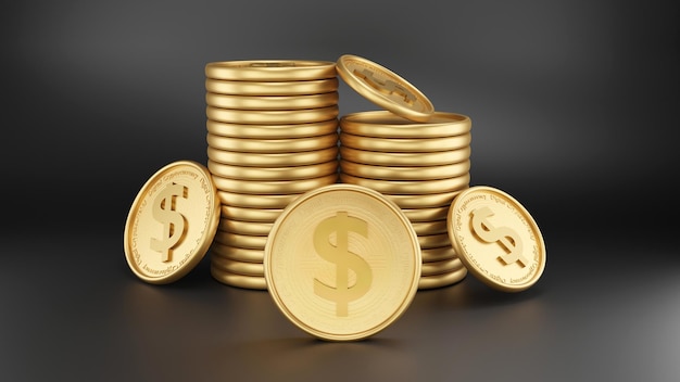 Gold digital cryptocurrency coin on black background 3D rendering