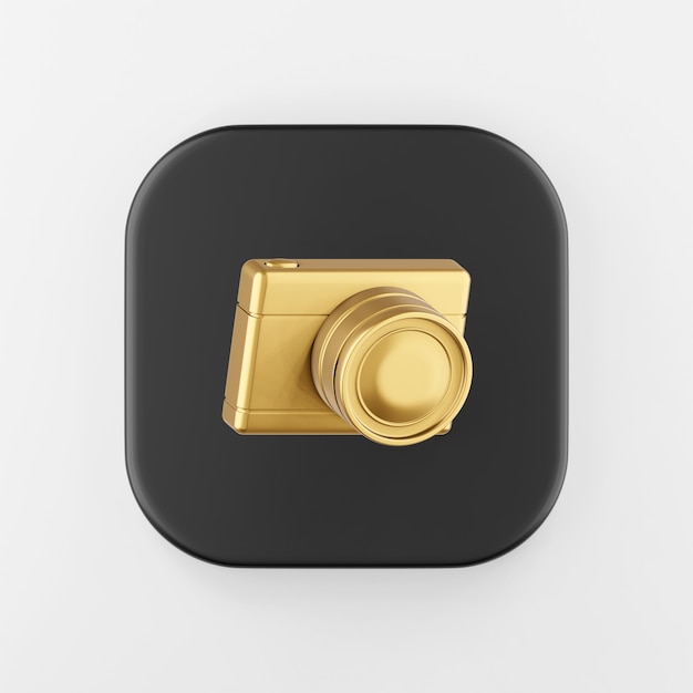 Photo gold digital photo camera icon. 3d rendering black square button key, interface ui ux element.