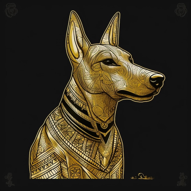 A gold dog with a pattern of the egyptian symbol on it.