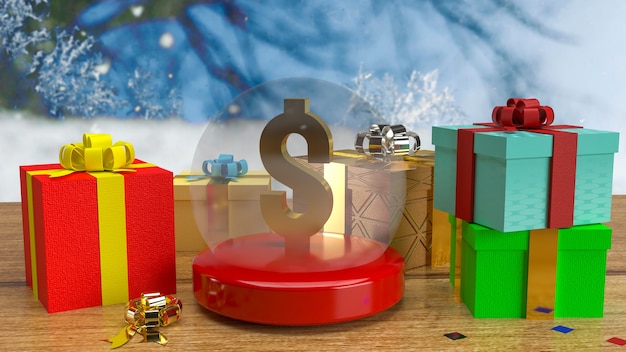 ビジネスや休日のコンセプトの3Dレンダリングのためのクリスマスの水晶玉とギフトボックスの金貨