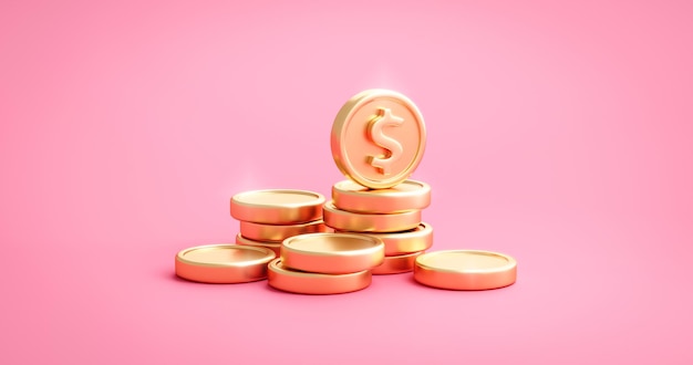 Gold dollar coin of business financial currency money and investment savings banking cash or deposit profit economy finance on pink concept 3d background with growth golden economic wealth budget.