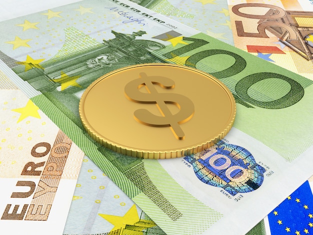 A gold dollar coin lies on euro banknotes