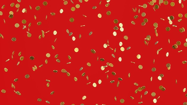 Gold dollar coins falling down or many of gold coins drop on red background3d rendering