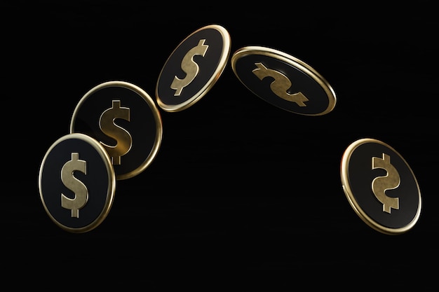 Gold dollar coins flying on a black background copy paste copy space 3D render