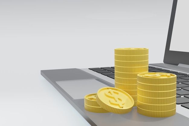 gold dollar coins on laptop isolated. 3D rendering.