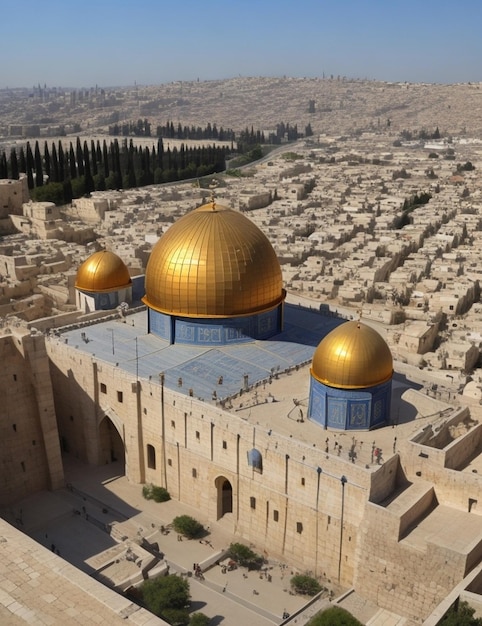 a gold dome of the mosque is visible in the background.