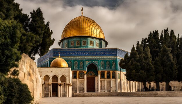 Photo a gold dome of a mosque with a cloudy sky behind it