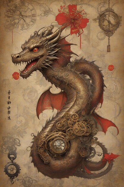 gold dragon fantasy creature poster card for the chinese new year from 2024