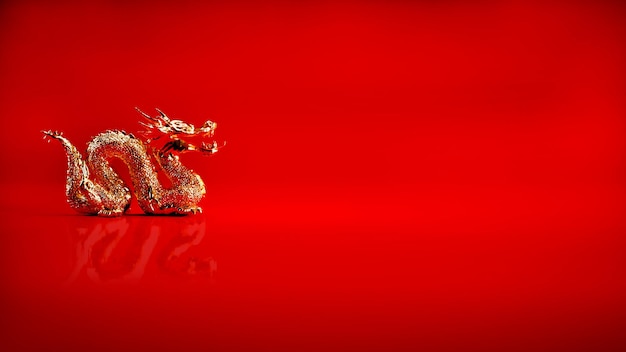 Gold dragon on red background with copy space Year of the dragon Chinese new year 2024 concept