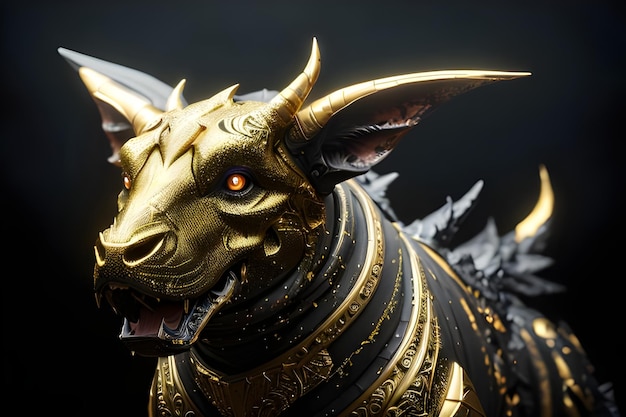 A gold dragon statue with the word hell on it