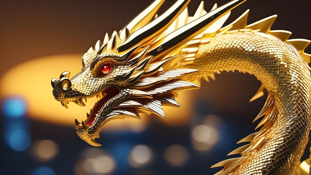 Gold dragon with big eyes from small cubes pixels character in style of 3d Voxel Minecraft style